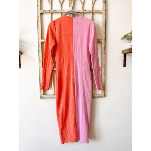 Atoir Pink Orange Colorblocked Saturn Dress Cocktail Long Sleeve Midi Bodycon - Picture 10 of 11